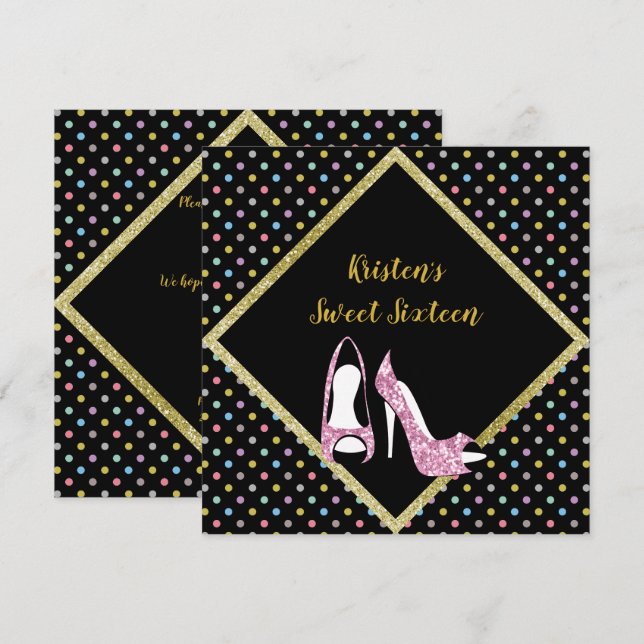 DIAMOND HÖGHEEL SWEET SIXTEEN INVITATION SPOT INBJUDNINGAR (Fram/baksida)