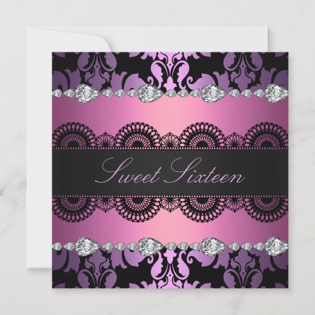 Diamond Lila/Rosa Sweet16 Birthday inbjudan (Framsida)