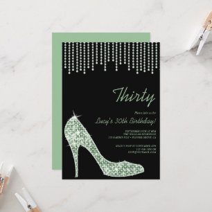Diamond Mint Stiletto & Pärlor 30års födelsedag Inbjudningar