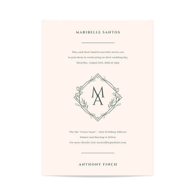 Diamond Monogram med blommor Evergreen Bröllop Inbjudningar (Diamond Monogram Wedding Invitation in Sage Green and Ivory)