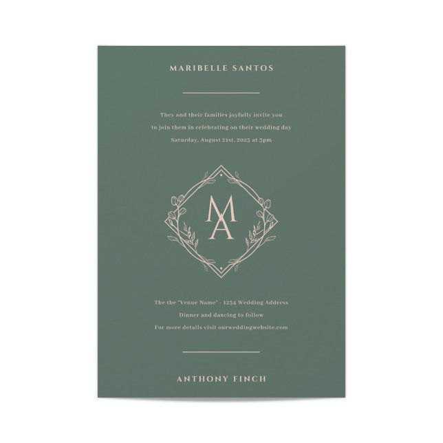 Diamond Monogram med blommor i Evergreen Bröllop Inbjudningar (Skapare uppladdad)