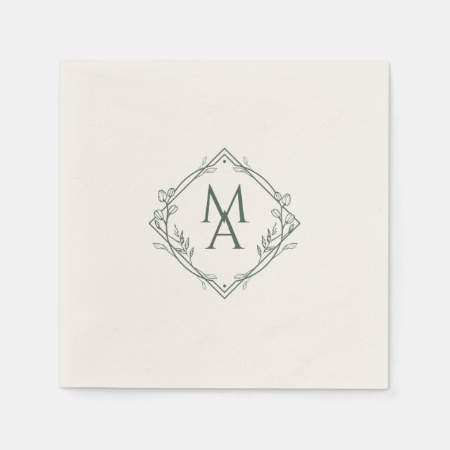 Diamond Monogram med blommor i Evergreen Pappersservett (Framsidan)