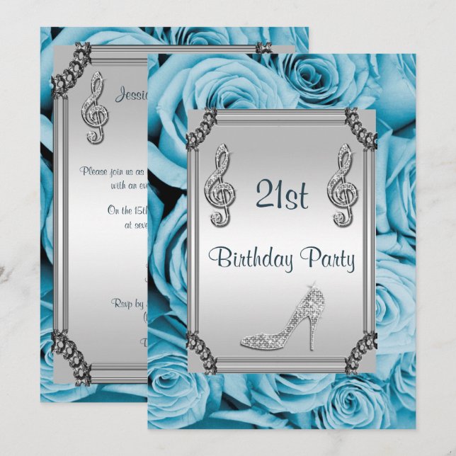 Diamond Music Note, Stiletto & Blue Ro 21:a Inbjudningar (Fram/baksida)