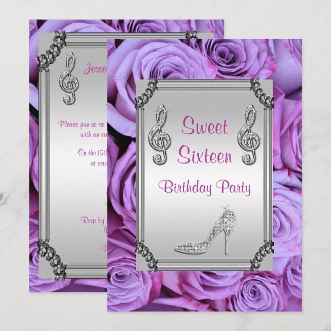 Diamond Music Note, Stiletto & Ro Sweet 16 Inbjudningar (Fram/baksida)