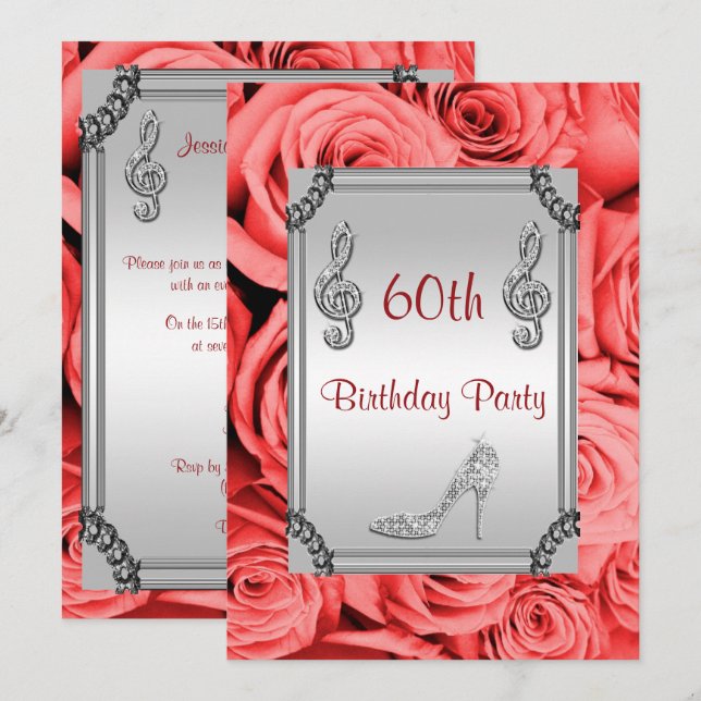 Diamond Music Note, Stiletto & Röd ros 60:e Inbjudningar (Fram/baksida)