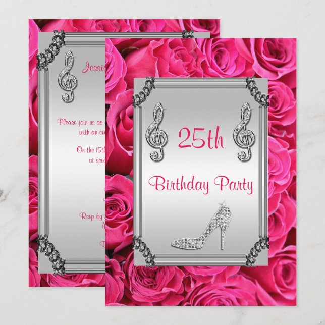 Diamond Music Note, Stiletto & Rosa ros 25:e Inbjudningar (Fram/baksida)