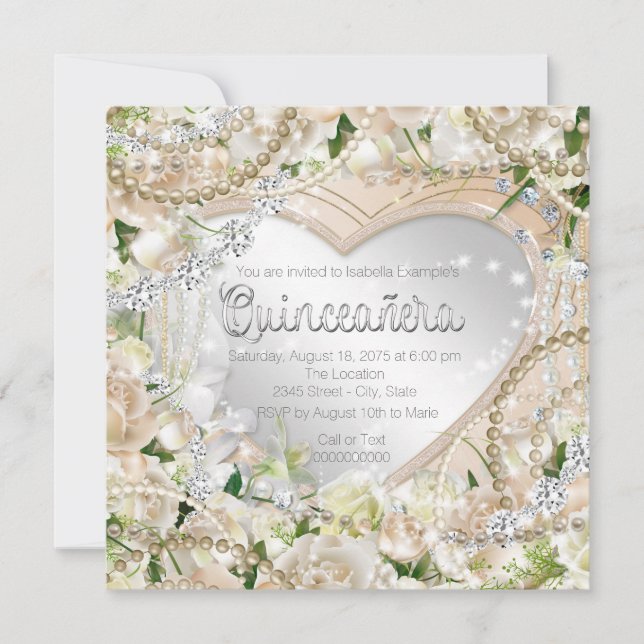 Diamond och Pearl Vit ros Quinceanera Inbjudningar (Framsida)