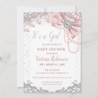 Diamond Pearl Rosa Girly Elegant Baby Shower Inbjudningar