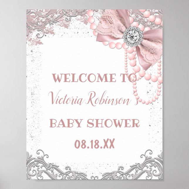 Diamond Pearl  Rosa Girly Elegant Baby Shower Poster (Framsidan)