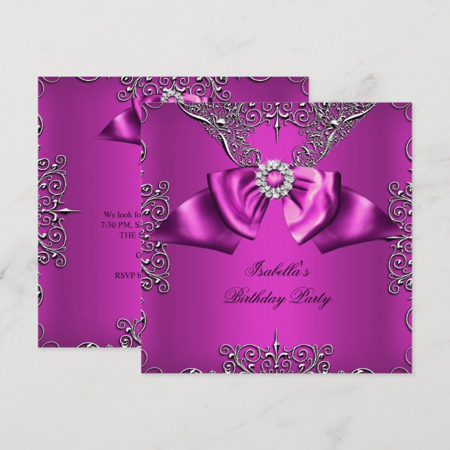 Diamond Plum Rosa Bow Silver Elegant Birthday Inbjudningar (Fram/baksida)