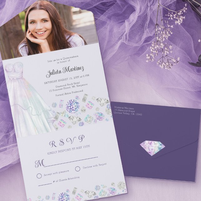 Diamond Princess Lila Quinceanera med OSA (Diamond Princess Quinceanera invitation with your custom photo and tear away rsvp)