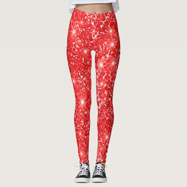 Diamond Red White Gems Sparkly Sequin Diamond Leggings (Framsida)