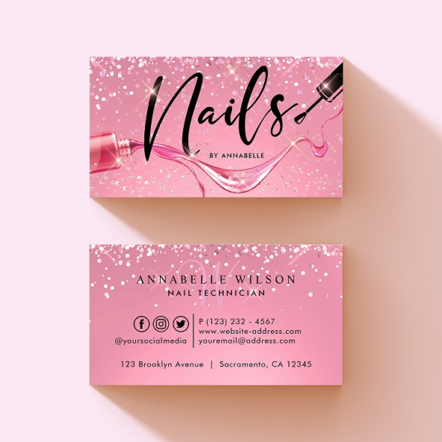 Diamond Rosa Sparkly Nail Technician Monogram Visitkort (Skapare uppladdad)