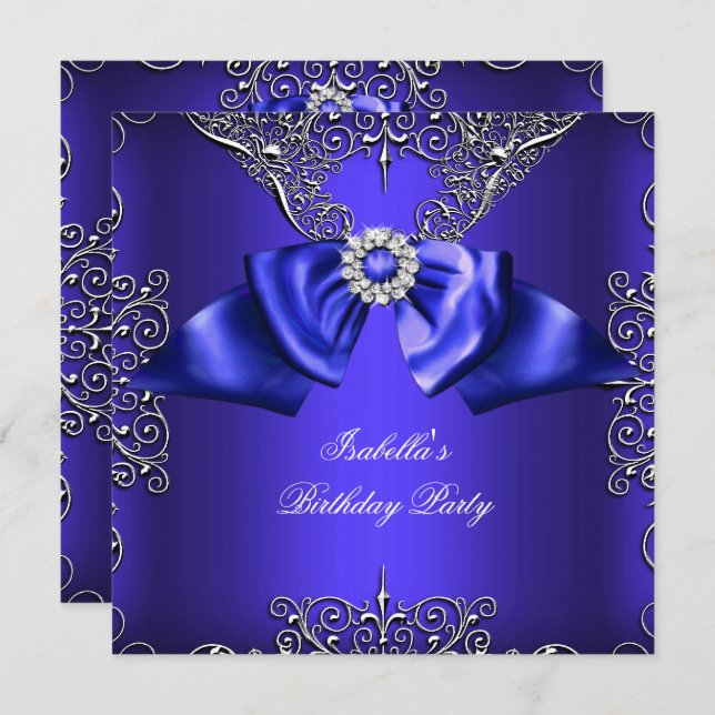 Diamond Royal Blue Lila Silver Elegant Birthday Inbjudningar (Fram/baksida)