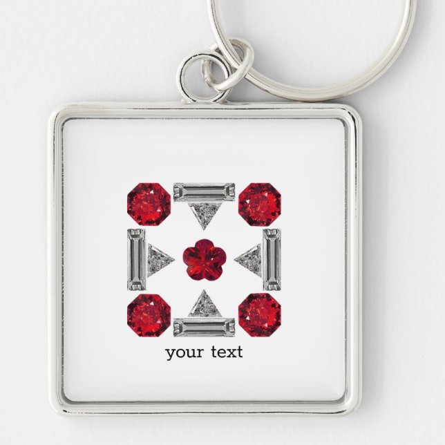 Diamond Ruby Gemstone Art, Red Fyrkantig Silverfärgad Nyckelring (Framsidan)