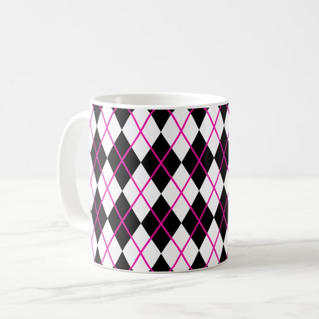 Diamond Shape Argyle Print Cup Mug Black Pink Kaffemugg (Framsida vänster)