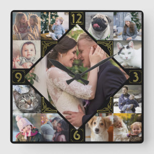 Diamond Shaped Family Photo Collage Mod Black Guld Fyrkantig Klocka