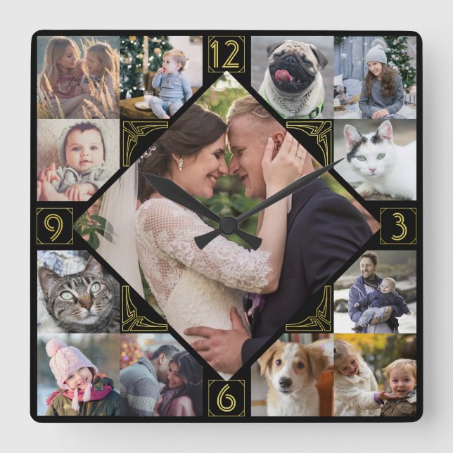 Diamond Shaped Family Photo Collage Mod Black Guld Fyrkantig Klocka (Framsida)