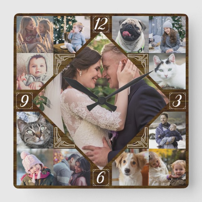 Diamond Shaped Family Photo Collage Rustic Dk Wood Fyrkantig Klocka (Framsida)
