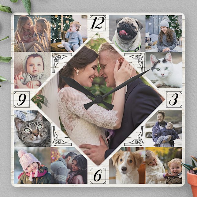 Diamond Shaped Family Photo Collage Rustic Lt Wood Fyrkantig Klocka (Skapare uppladdad)