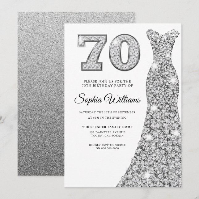 Diamond Silver Dress Womans 70:e Födelsedagsfesten Inbjudningar (Fram/baksida)