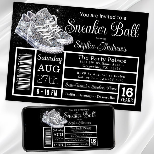 Diamond Sneaker Boll Födelsedagsfest Inbjudningar (Diamond sneakers sneaker ball invitation. Instant download and printed invitations available.)