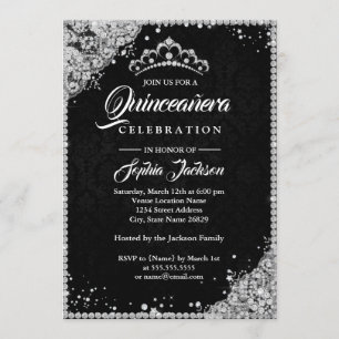 Diamond Snöre Gnistra Black Silver Quinceanera Inbjudningar