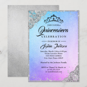 Diamond Snöre Gnistra Blue Lila Quinceanera Inbjudningar