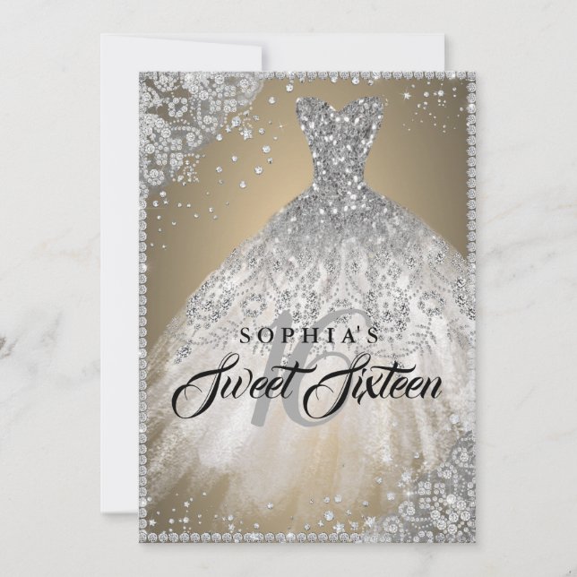 Diamond Snöre Gnistra Gown Guld Silver Sweet 16 Inbjudningar (Framsida)