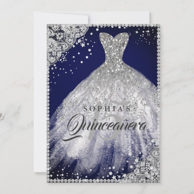 Diamond Snöre Gnistra Gown Navy Quinceanera Inbjudningar (Framsida)