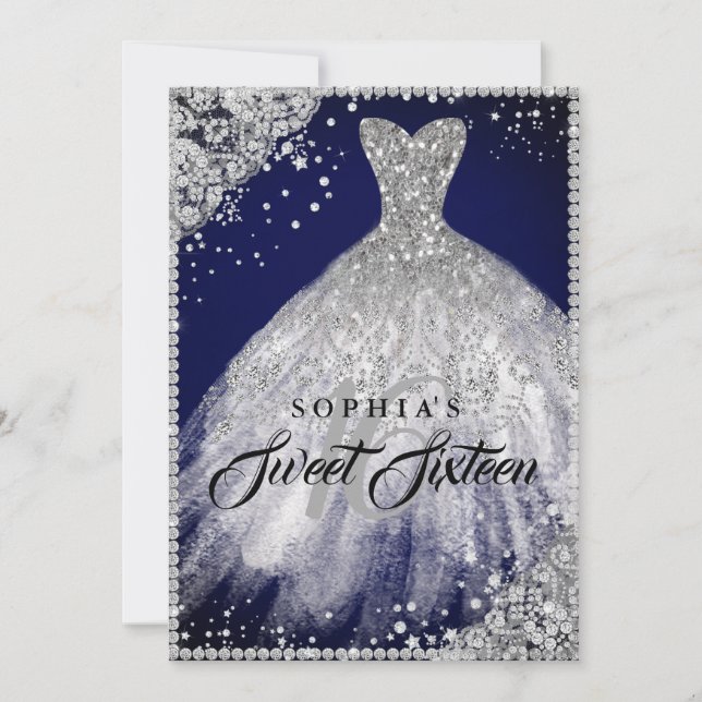 Diamond Snöre Gnistra Gown Navy Silver Sweet 16 Inbjudningar (Framsida)