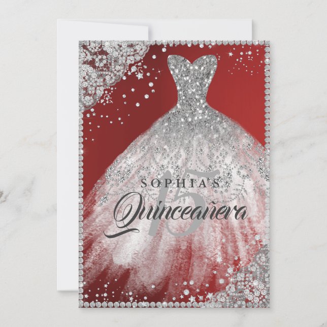 Diamond Snöre Gnistra Gown Red Quinceanera Inbjudningar (Framsida)