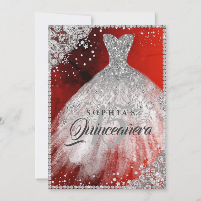 Diamond Snöre Gnistra Gown Red Silver Quinceanera Inbjudningar (Framsida)