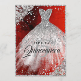 Diamond Snöre Gnistra Gown Red Silver Quinceanera Inbjudningar