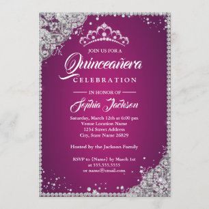 Diamond Snöre Gnistra Rosa Silver Quinceanera Inbjudningar