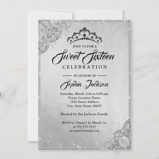 Diamond Snöre Gnistra Silver Sweet sixteen Inbjudningar (Framsida)