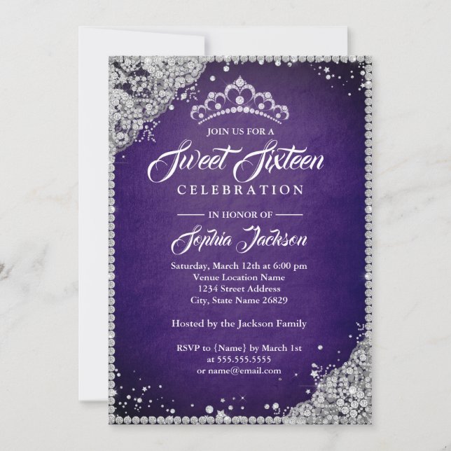 Diamond Snöre Gnistra Tiara Lila Sweet sixteen Inbjudningar (Framsida)
