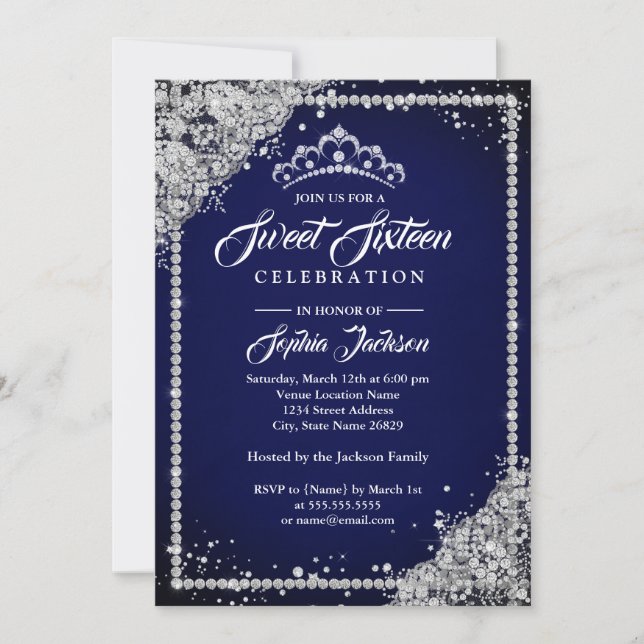 Diamond Snöre Gnistra Tiara Navy Sweet sixteen Inbjudningar (Framsida)
