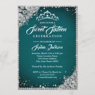 Diamond Snöre Gnistra Tiara Teal Silver Sweet 16 Inbjudningar