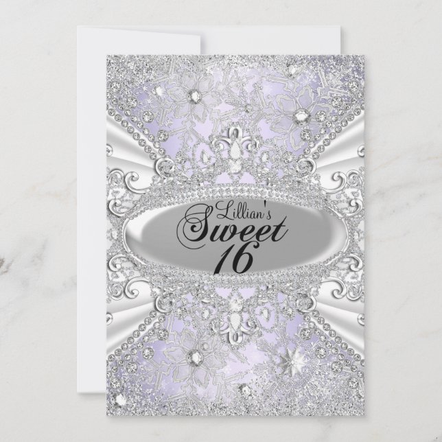 Diamond Snowflake Lila Winter Wonderland Sweet16 Inbjudningar (Framsida)