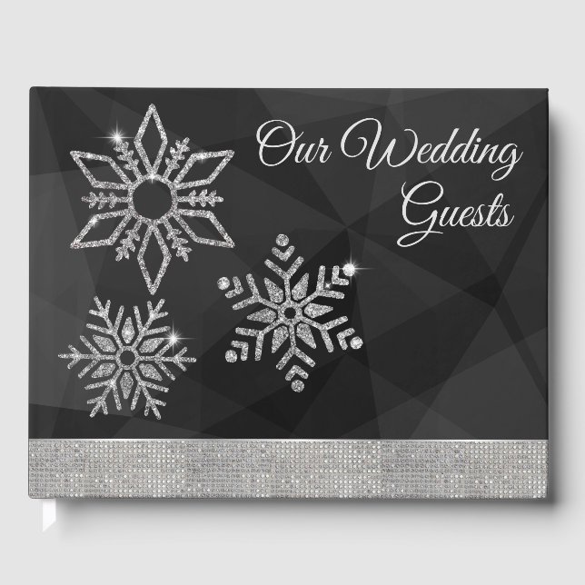 Diamond Snowflakes on Black Wedding Guest Book Gästböcker (Framsida)