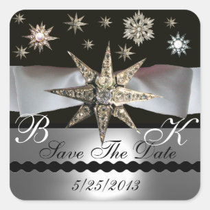 DIAMOND STARS BLACK WHITE RIBBON MONOGRAM FYRKANTIGT KLISTERMÄRKE