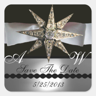 DIAMOND STARS BLACK WHITE RIBBON MONOGRAM FYRKANTIGT KLISTERMÄRKE