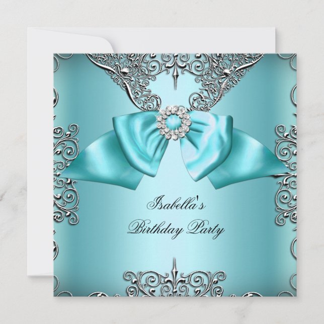 Diamond Teal Blue Bow Silver Elegant Birthday Inbjudningar (Framsida)