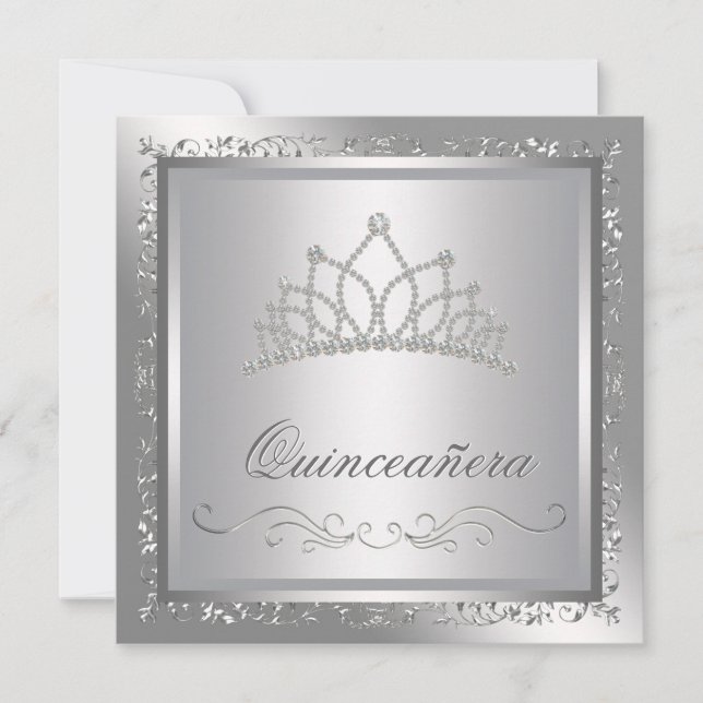 Diamond Tiara Elegant Silver Damask Quinceanera Inbjudningar (Framsida)