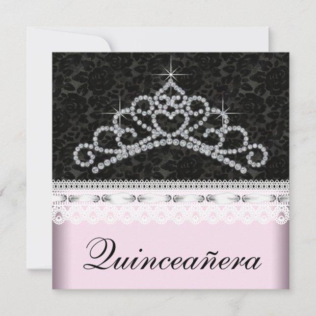 Diamond Tiara Rosa Black Sweet 15 Quinceanera Inbjudningar (Framsida)