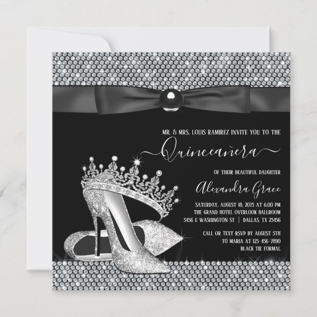 Diamond Tiara Shoe Glam Black Tie Quinceanera Inbjudningar (Framsida)