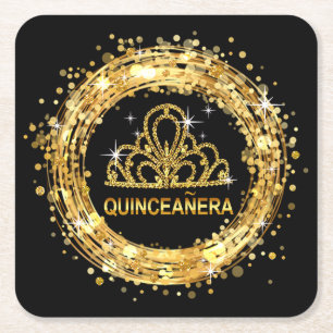 Diamond Tiara Sweet 16 Glitter Confetti guld Underlägg Papper Kvadrat