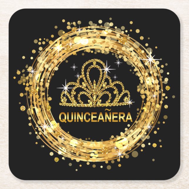 Diamond Tiara Sweet 16 Glitter Confetti | guld Underlägg Papper Kvadrat (Framsidan)