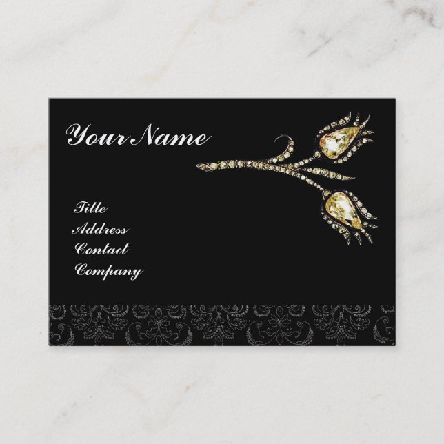 DIAMOND TULIPS DAMASK MONOGRAM, Svart och vitt Visitkort (Framsida)